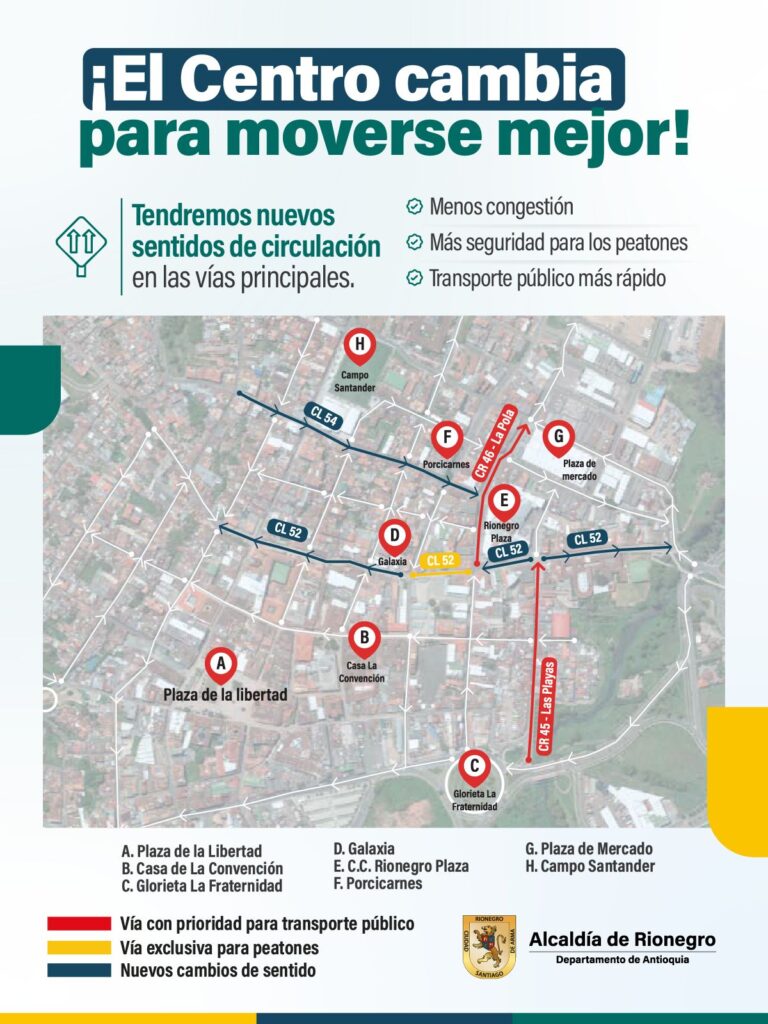 Desde el 19 de noviembre cambian las vías en el Centro de Rionegro: así funcionará la nueva movilidad