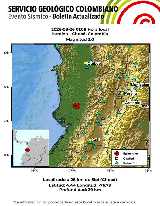 Siete temblores sacuden Colombia este 26 de agosto: sismos en Istmina y Los Santos de baja magnitud